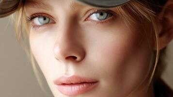 Woman wearing cap, close up portrait looking at the viewer photo