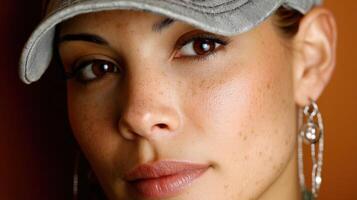 Young woman with cap poses for close-up portrait in Studio photo