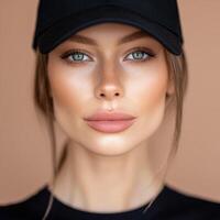 Close up of a pretty woman wearing a baseball cap photo