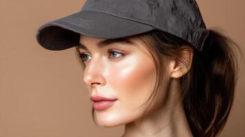 Woman with ponytail wearing baseball cap profile on beige photo