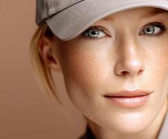 Woman with freckles wearing a cap looks at the camera photo