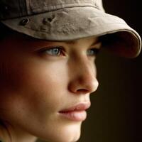 Pensive woman wearing cap gazes into distance thoughtfully photo