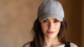 Woman wearing gray baseball cap looks at the camera photo