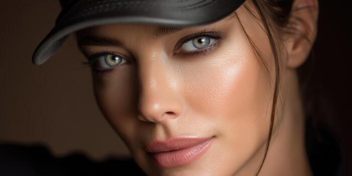 Woman wearing a Cap, Beautiful, and Looking Intensely at the Viewer photo