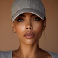 Beautiful woman with baseball cap stares directly into camera photo