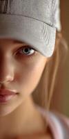 Young Woman with Gray Eyes Looking Forward Wearing Cap photo