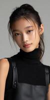 Young asian model poses in a black turtleneck dress photo