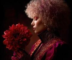 Elegant woman with pink afro holds red dahlia flower close photo