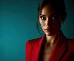 Portrait of a stylish woman in red blazer against teal backdrop photo