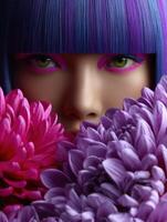 Woman's face obscured by vibrant pink and purple chrysanthemum flowers photo