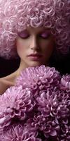 Woman with pink curly hair holding a bouquet of flowers photo