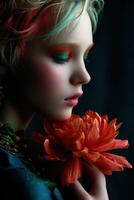 Young woman holds orange flower with creative make up on face photo