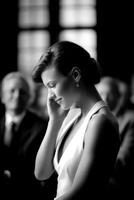 Woman in formal dress touches her face in a room during event photo