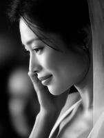 Pensive bride touches her face softly, preparing for Wedding Ceremony photo