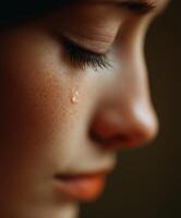 Close-up portrait shows sad girl with single tear photo