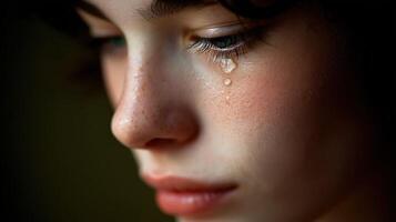 Crying young woman with tears running down her face photo