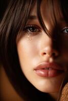 Close-up shot of a woman crying with a tear on her face photo