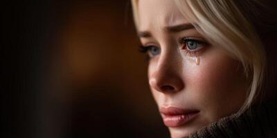 Blond woman with tears shows sadness and emotional distress photo