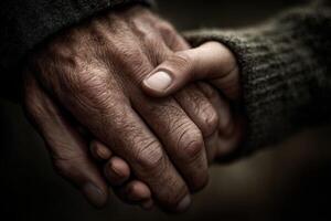 Man's hands clasp together showing texture and signs of age photo