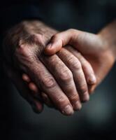 Close up of older adult and child holding hands in support photo