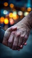 Older hand holding a younger hand together at night photo