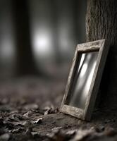 Lost mirror leans against tree in a dark mysterious forest photo