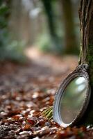 Vintage mirror leans against tree in woodland area photo