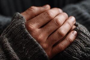 Hands warming in gray sweater sleeves on overcast afternoon photo