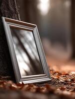 Silver framed mirror leans against a tree in the forest photo