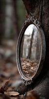 Oval ornate mirror leans against a tree in the forest photo