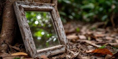 Old wooden frame mirror leans against a tree in nature photo