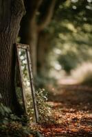 Vintage mirror stands by tree in woodland during daytime photo