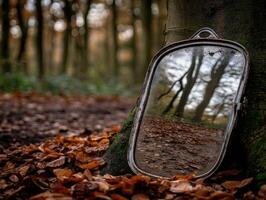 Old mirror reflects forest path in Autumn woodland scene photo