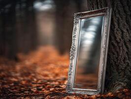 Silver framed mirror leans against tree in an autumn forest photo