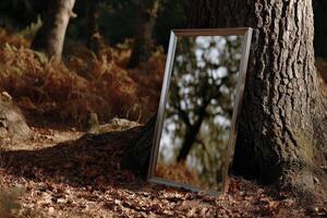 Old Rectangle Mirror against the Tree in Autumn Forest photo