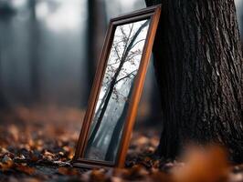 Mirror reflecting bare trees rests against tree in autumn forest photo