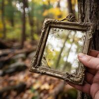Holding antique mirror against tree in the autumn forest photo