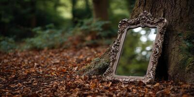 Ornate mirror leans against tree in lush autumn forest setting photo