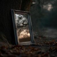 Antique mirror leaning against a tree in the woods at dusk photo