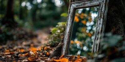 Old wooden frame leaning against tree in a forest during Autumn photo