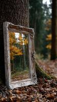 Old frame reflects autumn trees in a peaceful Forest setting photo