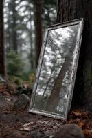 Old mirror stands against a tree in dark moody Forest photo