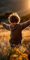 Boy running through field at sunset with open arms photo