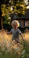 Young boy runs through tall grass in a summer field at dusk photo