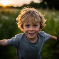 Happy boy playing in a field at sunset in the countryside photo