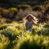Little girl runs through grassy field at Golden Hour photo