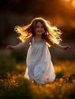 Little girl runs joyfully through field during golden hour photo