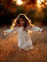 Little girl with outstretched arms runs happily in golden field photo