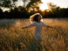 Girl running through field of wildflowers at sunset photo