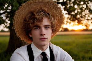 Young Man Wears Straw Hat in Meadow at Sunset near Tree photo